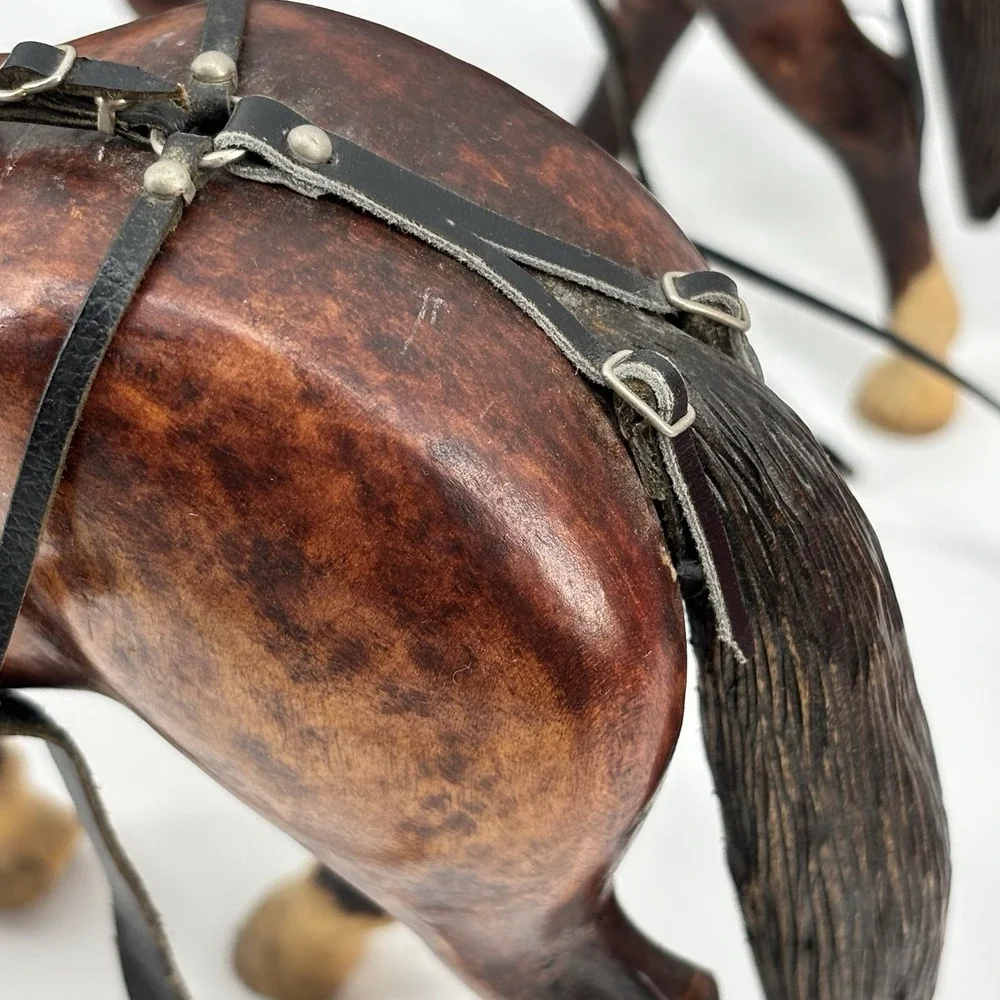 Rare Vintage Wooden Horses With Tooled Leather Bridle Reins Draft‎ Team